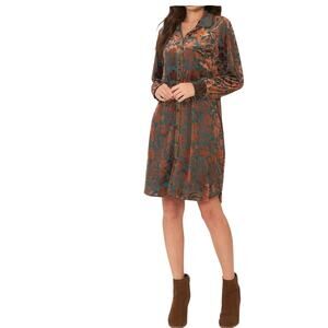Cozy Co Burnout Velvet Floral Button Front Shirt Dress Teal Brown Medium Boho